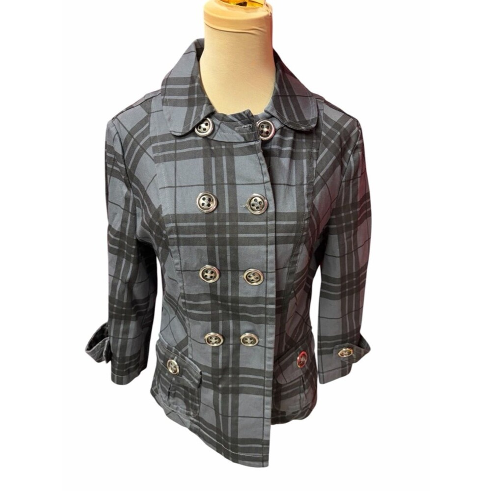 Maurices Gray Plaid Double Breasted Peacoat Jacket Cropped Sleeve Size L - Picture 2 of 6